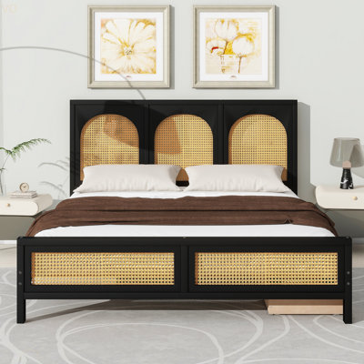Queen Size Wood Storage Platform Bed With 2 Drawers, Rattan Headboard And Footboard