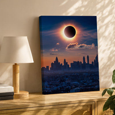 Toile, vue imprenable sur une éclipse solaire au-dessus d'un mur de ville, au crépuscule avec le soleil