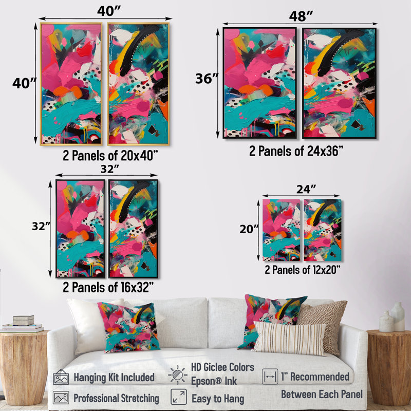 «Enigma» rose et turquoise abstraite II - art abstrait sur toile grand format 2 panneaux, 32" H x 32" W, Black