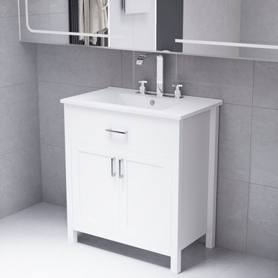 Meuble-lavabo blanc de 30 pouces avec lavabo en céramique et beaucoup de rangement - parfait pour les petites salles de bain