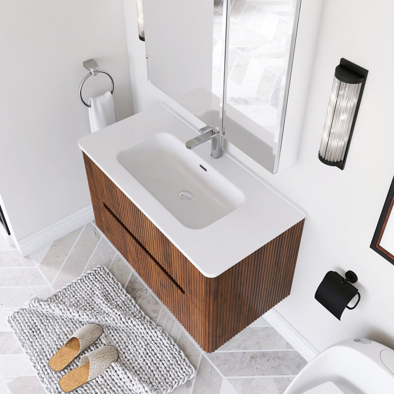 36'' Wall-Mounted Bathroom Vanity Set With Ceramic Integrated Top, Walnut