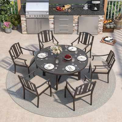 Patio Aluminum Round Dining Set With Sunbrella® Cushions And Umbrella Hole For 6 Person