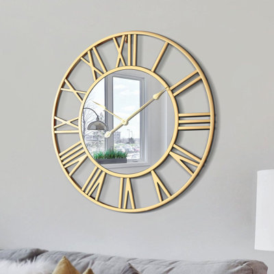 Grande horloge murale en métal avec miroir Ozra pour le salon ou la chambre à coucher
