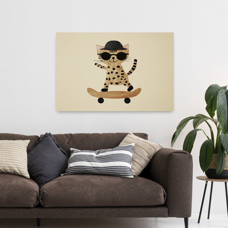 Cool Cat Skater Playful Retro Cat Wall Art Print 1 Piece Wrapped Canvas Wall Art, 81.28cm H x 121.92cm W