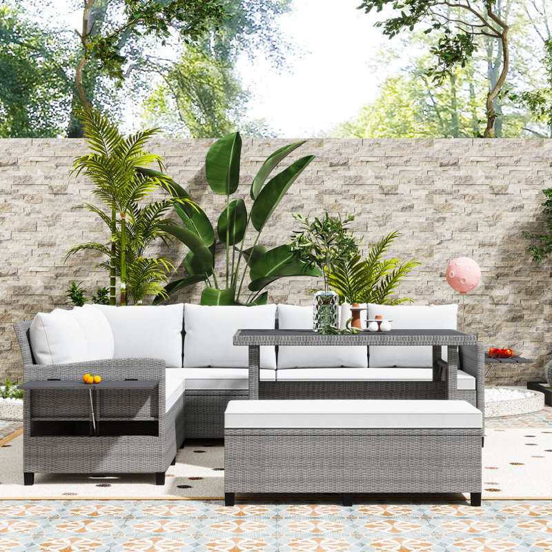 5-Piece PE Wicker Outdoor Conversation Set with Extendable Side Tables and Comfortable Cushions, White/Light Gray