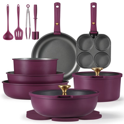 CAROTE 21-Piece Nonstick Pots And Pans Set With Detachable Handle, Non Stick Induction Cookware Set, Aluminum Kitchen Cooking Set, Purple