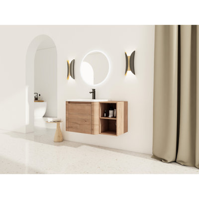 Meuble-lavabo mural de 36 po avec lavabo en céramique blanc Alyshia, tablettes de rangement, 1 porte à fermeture en douceur, emballage Kd, contreplaqué, surface de lavabo moderne et lisse, rangement en contreplaqué rustique, 45 poignées