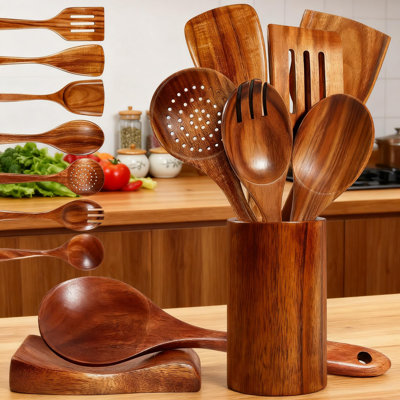 Ensemble d'ustensiles en bois de teck 9 pièces avec support et cuillère, cuillères et spatules en bois naturel pour la cuisine, ustensiles de cuisine anti-rayures