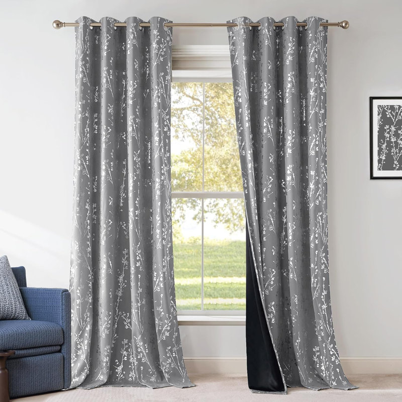 100% Blackout Curtains, Grommet Pattern Gold Foil Printed Window Treatments Room Darkening Drapes for Bedroom, 2 Panels