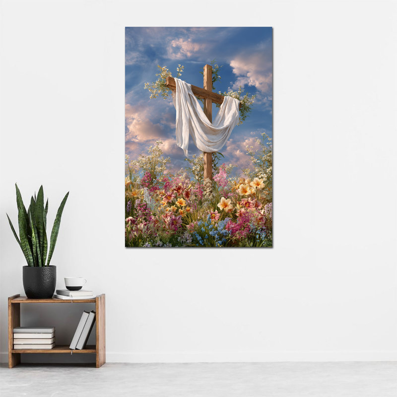 Art mural sur toile de Pâques Timuba - croix de printemps et fleurs, décoration murale, œuvre d'art religieuse pour la maison, reproduction sur toile tendue avec cadre en pin, 24 po x 36 po