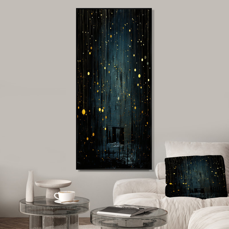 Étoiles de la nuit étoilées japonaises noires et jaunes - Japon, art mural, Cadre flottant noir, H 60 po x l 28 po x P 1,5 po