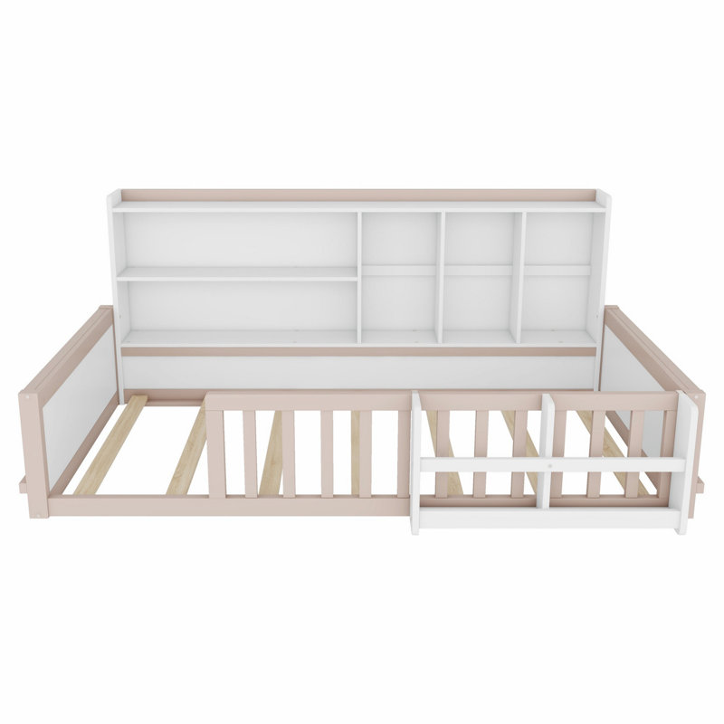 Base de lit plateforme en bois avec barrière de sécurité, tablettes de rangement latérales, Lit simple, Crème, blanc