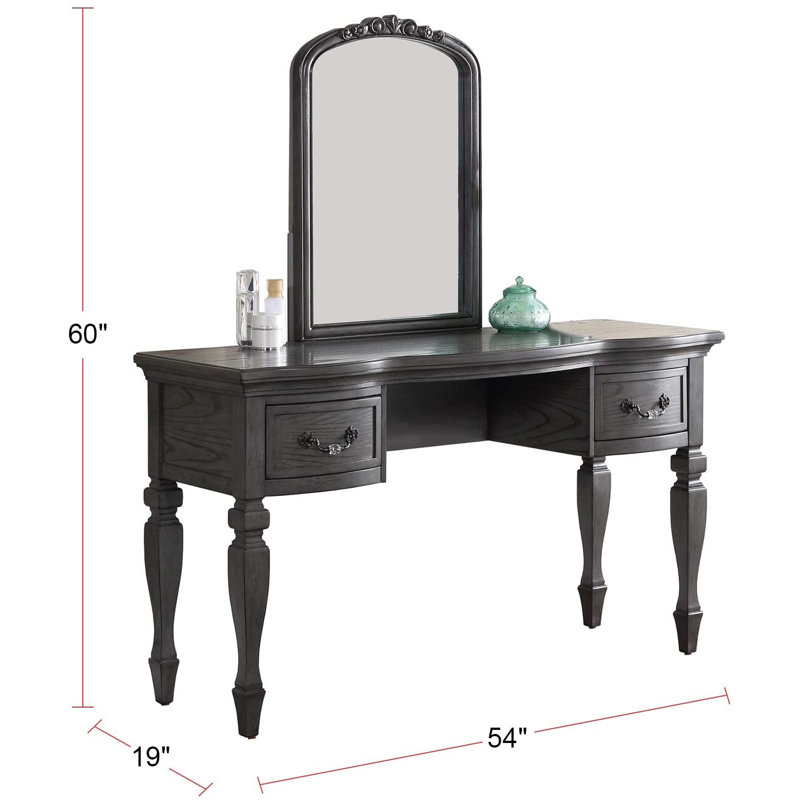 Antique Grey Finish Wooden Carved Vanity Set With Mirror, Stool, And Drawers | Gift Idea, Gray