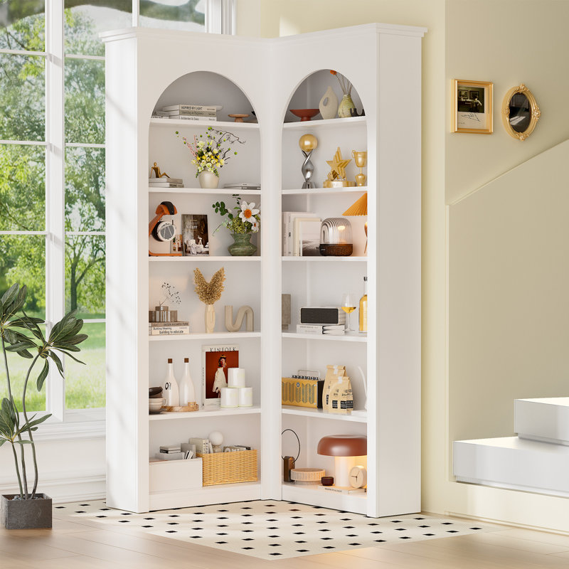 71.8'' Modern Corner Bookcase, 6 - Tier Tall Bookcase, L-shaped Corner Shelf, White
