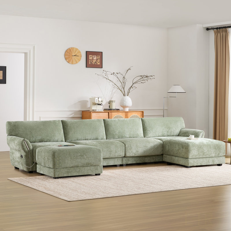 Canapé modulaire en forme de U de 142 pouces avec siège extra large, charge USB et de type C, accoudoirs à pétales, mousse haute densité et repose-pieds à mouvement libre