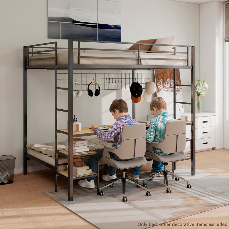 Lit superposé avec bureau et station de charge et tablettes de rangement et panneau en grillage métallique avec crochets pour adolescent, garde de sécurité et escalier, aucun sommier nécessaire