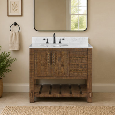 Farmhouse 36" Bathroom Vanity with Sink, Solid Wood, 2 Drawers, 2 Soft-Close Doors, Open Storage Shelf, 0.79" Marble Countertop & Backsplash, Rustic Brown
