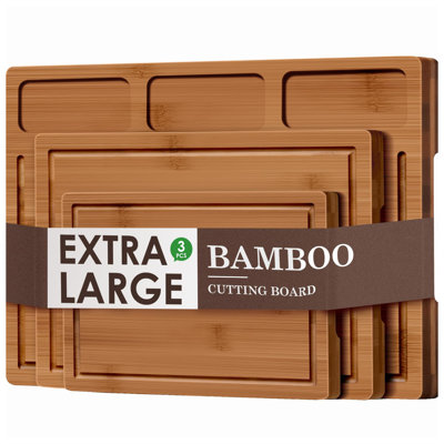 Cutting Boards for Kitchen, (Set of 3) Kitchen Chopping Board with 3 Built-In Compartments and Juice Groove Heavy Duty Serving Tray Wood Butcher Block and Wooden Carving Board