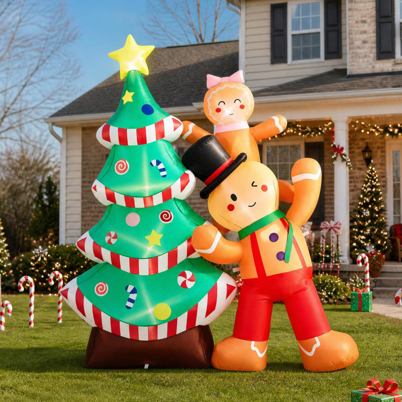 Décoration de jardin d'extérieur de 7,3 pi en pain d'épice et arbre de Noël avec 6 lumières DEL 190D en polyester 12V 1500 mA