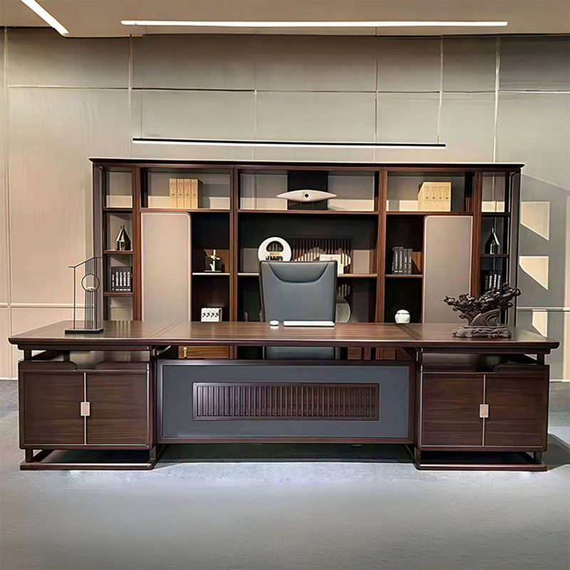 110.24"New Chinese-style minimalist brown solid wood rectangular executive desk, 29.92" H x 110.24" W x 39.37" D