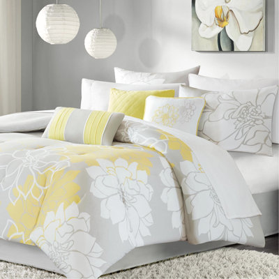 Couvre-lit King Size en coton taupe gris/jaune avec coussins décoratifs, couette grise/jaune, taies d'oreiller garnies 270 g/m² et autres accessoires.