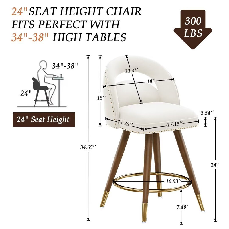 Kokitus Counter Height Bar Stools, 24 Inch Swivel Bar Stools with Backs&Solid Wood Legs, 2, White/Gold