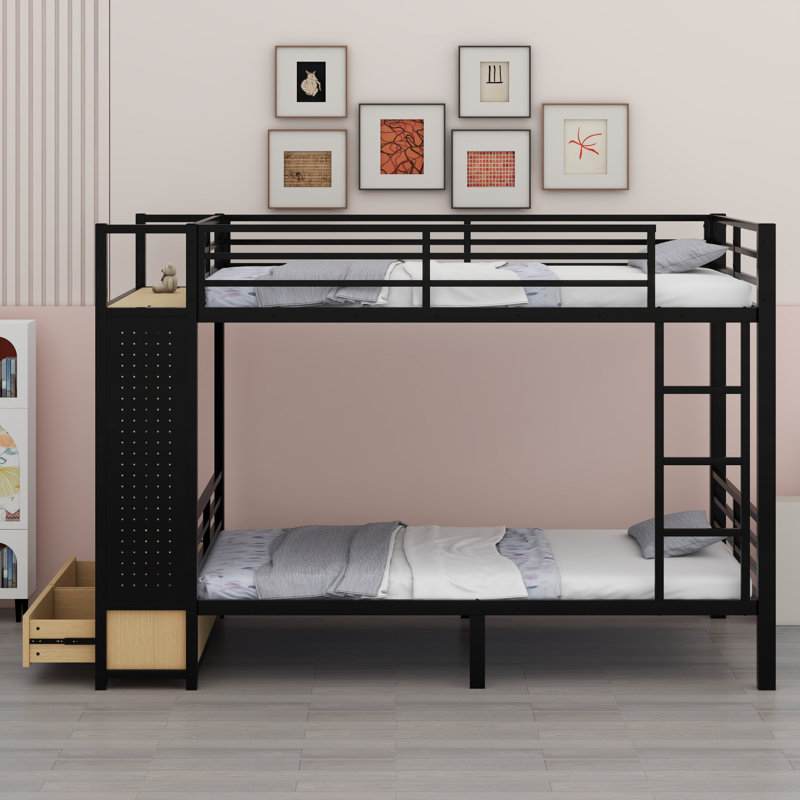 Lit superposé en métal pour les adolescents avec tablettes de rangement, tiroirs et panneau perforé, Grand sur grand