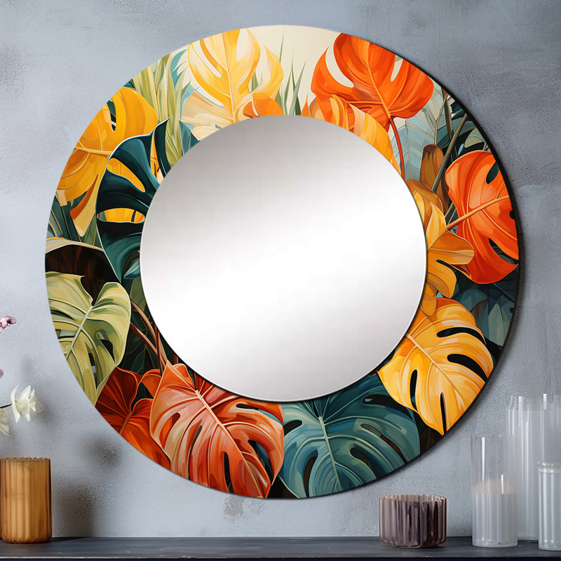 Orange vert tropical plantes III - miroir décoratif de plantes, miroir mural rond orange, impression d'art en métal