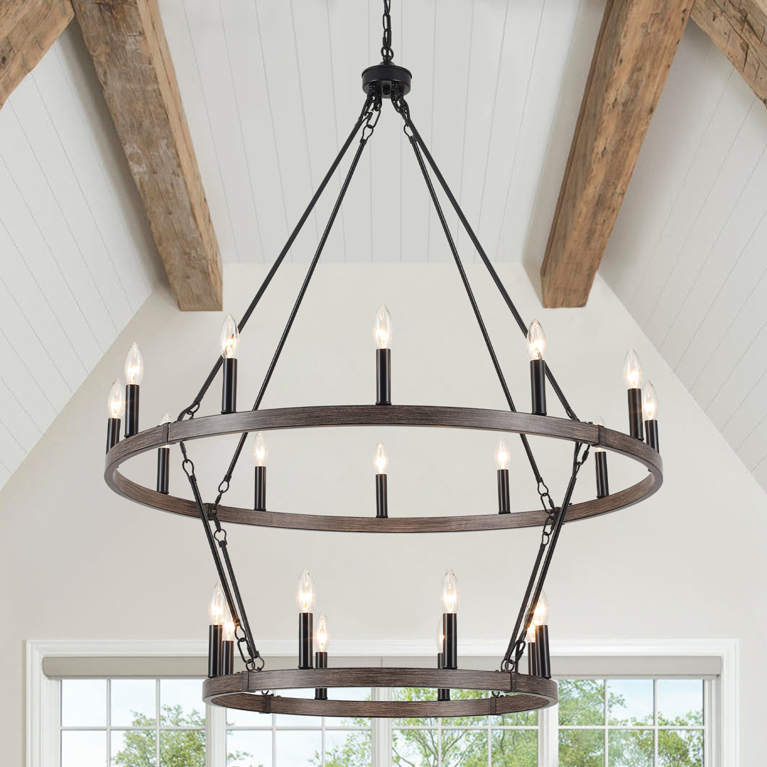 Wiam 40 in. 20 Light 2-Tiers Candle Style Dimmable Farmhouse Wagon Wheel Chandelier for Entryway Living Room Bedroom Foyer Gracie Oaks 