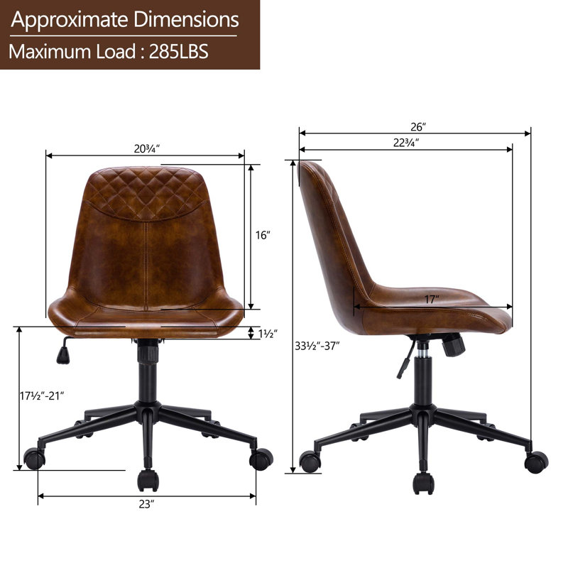 Chaise de travail sans accoudoirs en similicuir de 23 po Keavey , Noir / brun