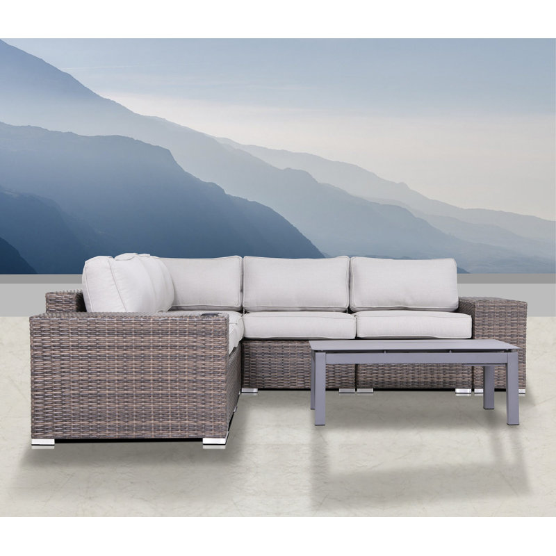 Ensemble de conversation modulaire avec coussins et table basse en métal 8 pièces Alieyah Brown