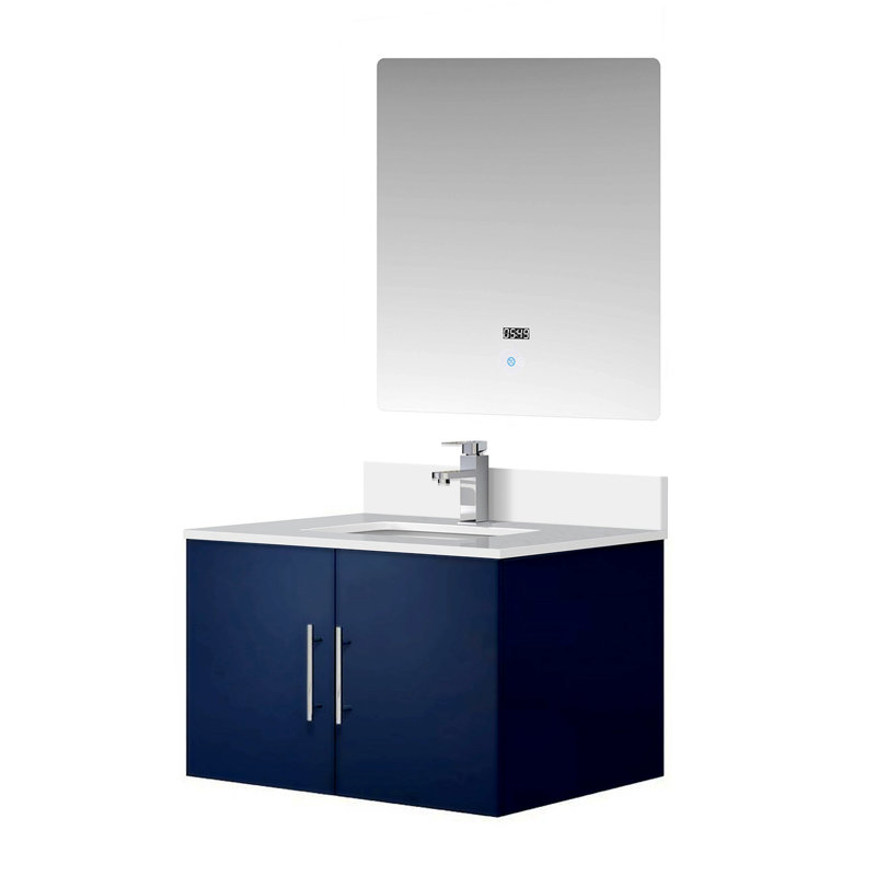 Meuble-lavabo de salle de bain 30 po X P 22 po D, comptoir en quartz blanc, ensemble de robinet et Miroir à DEL, Marine