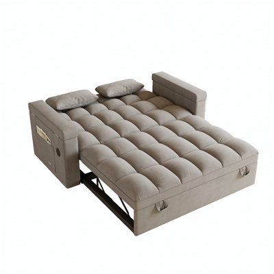 65-inch 3-in-1 foldable large-size sofa bed with table board and UAB, armrests with storage function. Modern velvet double sofa, sofa bed with adjustable back and pillow, suitable for living room