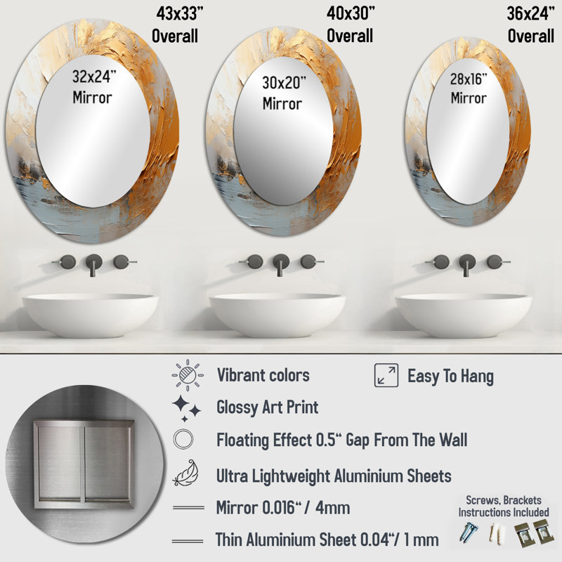 Or et beige Soft Wave Paint III - Miroir mural ovale beige, 36 po x 24 po