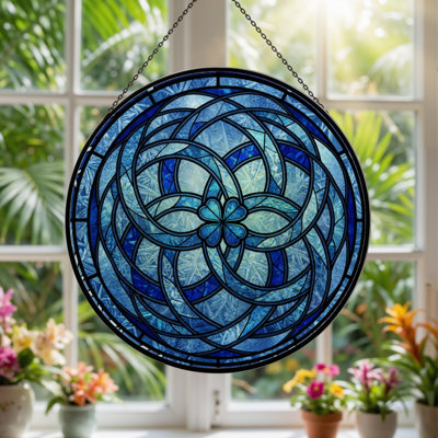 7.8"H Blue Floral Stained Glass Window Panel