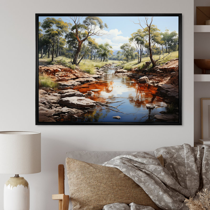 Aquarelle, rivière en Afrique, sur toile, H 16 po x l 32 po x P 1 po, Cadre flottant noir