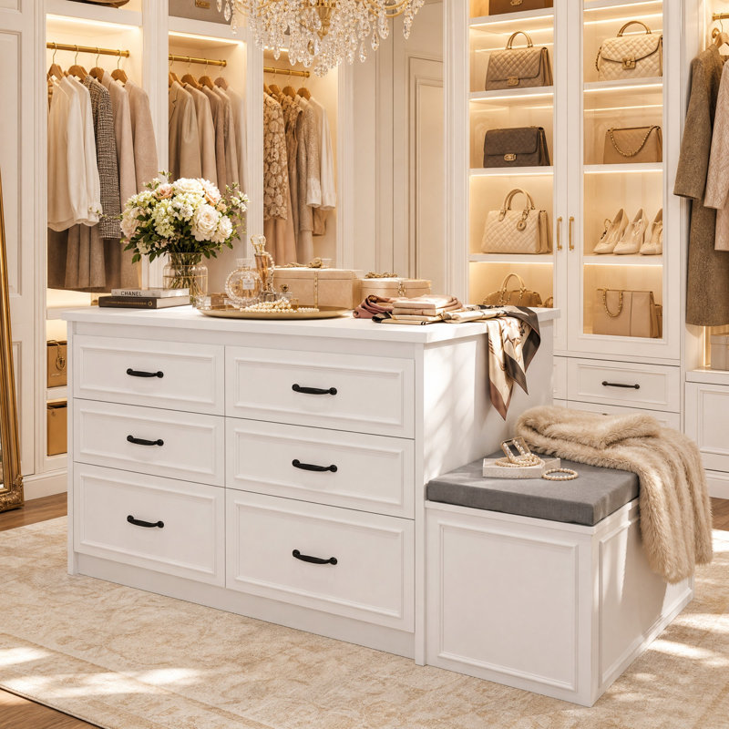 61.9" Wide Double-Sided 12 Drawer Dresser with Storage Bench, Bedroom Closet Island Organizer for Walk-In Closet and Bedroom Storage