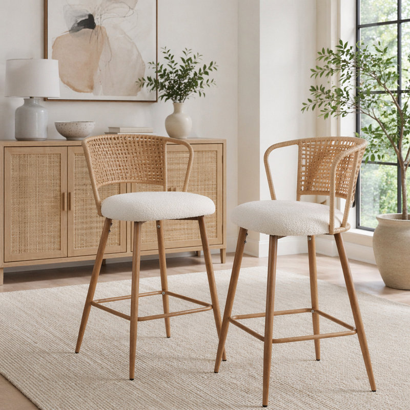 Ensemble de 2 tabourets de bar avec dossier en rotin, tabourets de comptoir rembourrés, tabourets de bar modernes avec pieds en métal