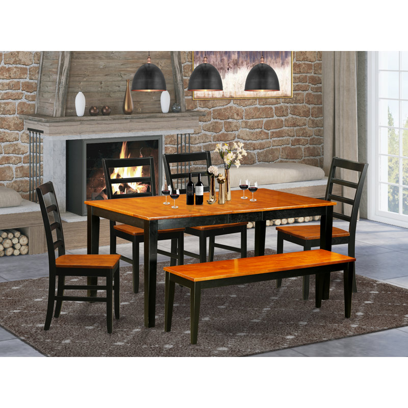 6 Piece Dining Table Set Contains a Rectangle Kitchen Table with Butterfly Leaf and 4 Dining Chairs with a Bench, Black & Cherry