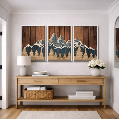 «Western Wood Effect Landscape», œuvre d'art de la forêt de montagne abstraite brune, images murales de cabane de ferme rustique, ensemble de 3 impressions sur toile encadrées