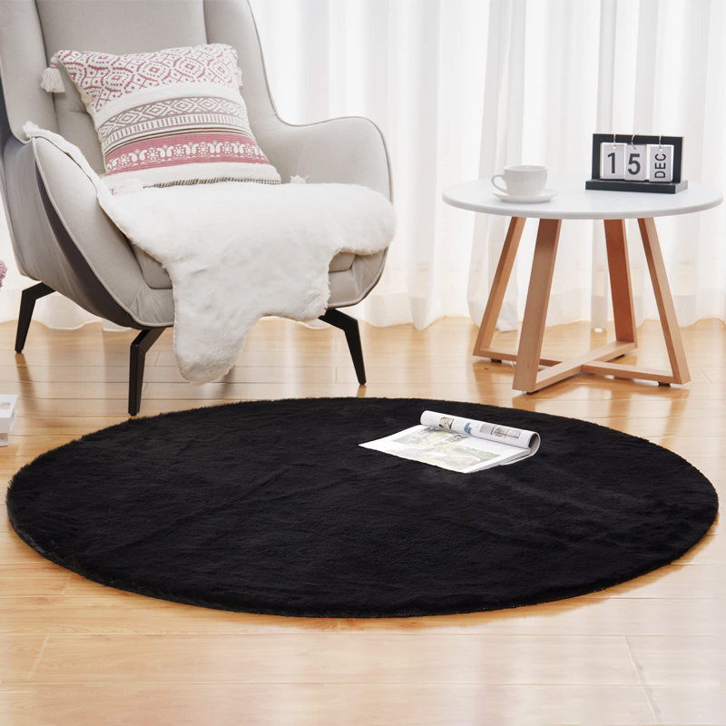 Black Novelty Faux Rabbit Fur Rug Luxury Soft Thicken Faux Fur Rug Carpet for Bedroom Living Room, Round 5'