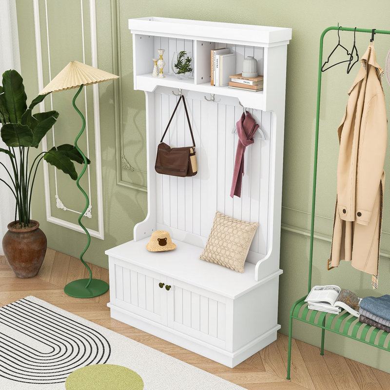 Modern Hall Tree with Seating Bench, Ample Storage, White