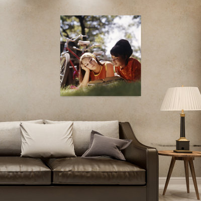 1970S Two College Women Students Lying On Grass With Books Studying Reading Classic Retro Vintage Portrait Wall Art