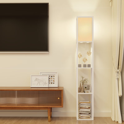 Floor Lamp with 3 Layers Wooden Shelves, Modern 160cm Standing Light Reading Lamp for Living Room