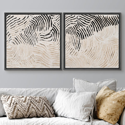 Organic Black and Cream Wave Line Modern Abstract Wall Decor Framed Master Bedroom Wall Art Work 2 Pieces Print