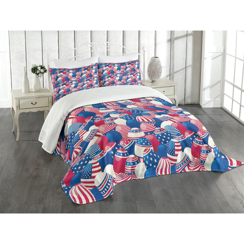 Ambesonne USA Bedspread Set  Traditional Easter Eggs  Navy Blue White Red, King Coverlet / Bedspread + 2 Standard Shams