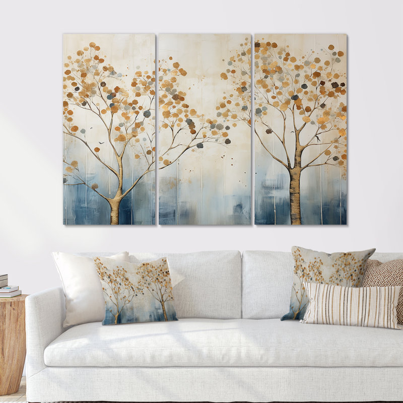 Ensemble de salon art mural arbre doré et bleu Harmony II, Toile tendue, H 28 po x l 36 po x P 1 po