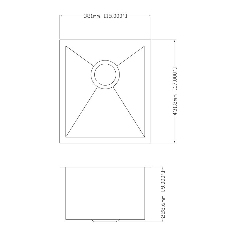 Single Bowl Stainless Steel Kitchen Sink, 9" H x 17" W x 15" L, 18, Brushed