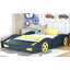 Lit plateforme double en forme de voiture de course avec roues et rangement, bleu foncé et jaune-129631722
