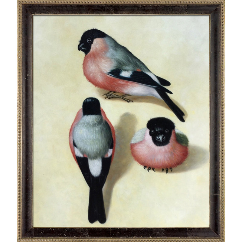 Trois bouvreuils, reproduction d'art encadrée, H 30 po x l 26 po x P 2 po, Cadre or élégant